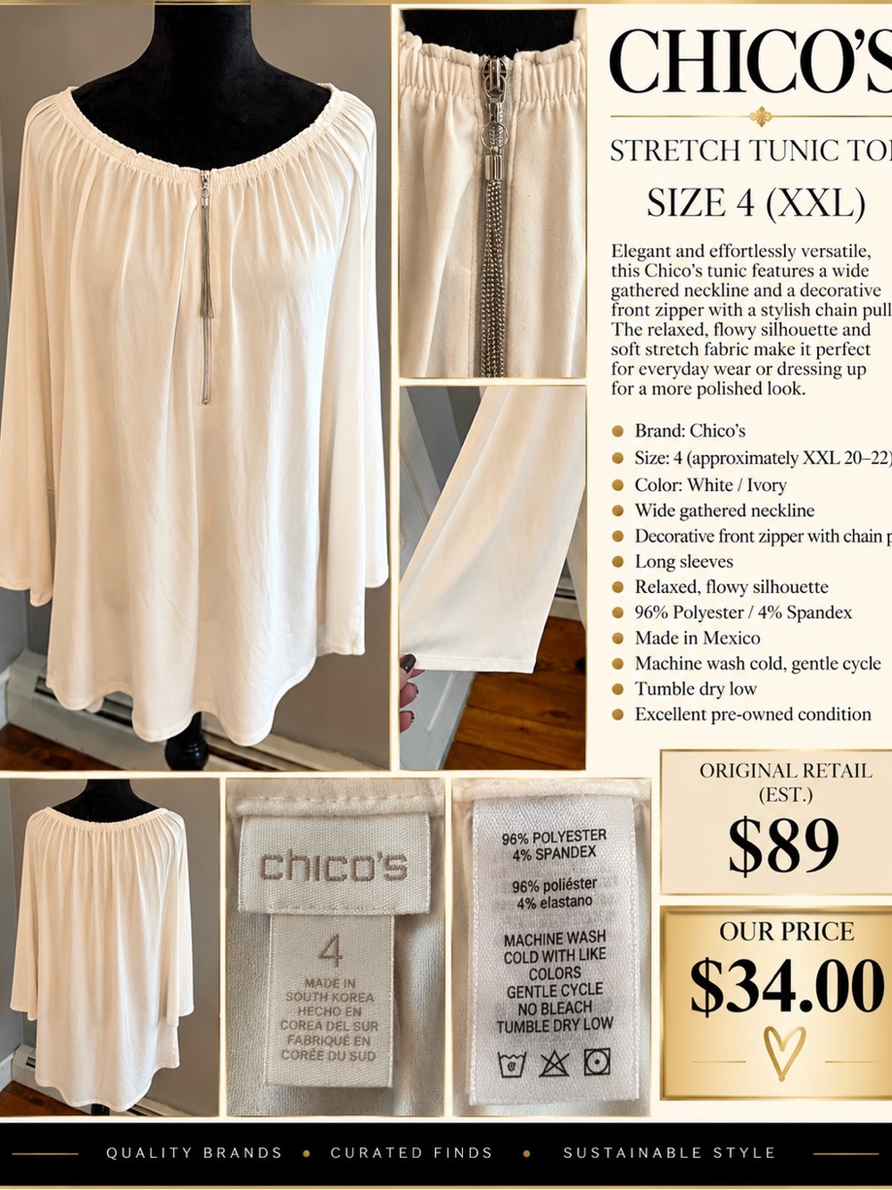 Chico's Ivory Stretch Tunic with Chain-Pull Zipper